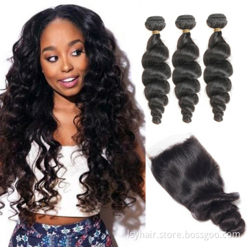 Free Shipping Brazilian Loose Wave Bundles With Closure 100% Remy Hair 3 Bundles With 4*4 Lace Closure Free Part